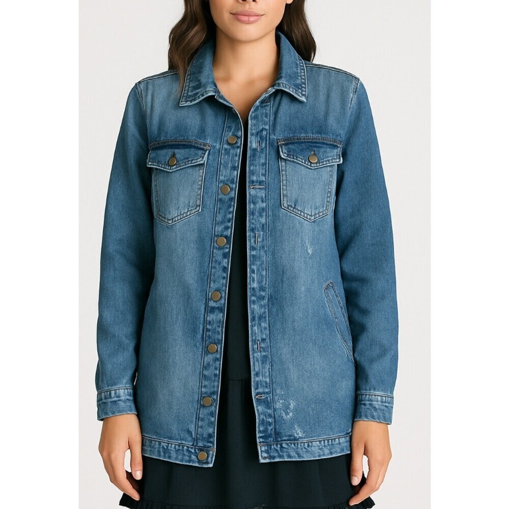 Liverpool Women's Long-Sleeved Blue Distressed Denim Dress Pockets Collared MD